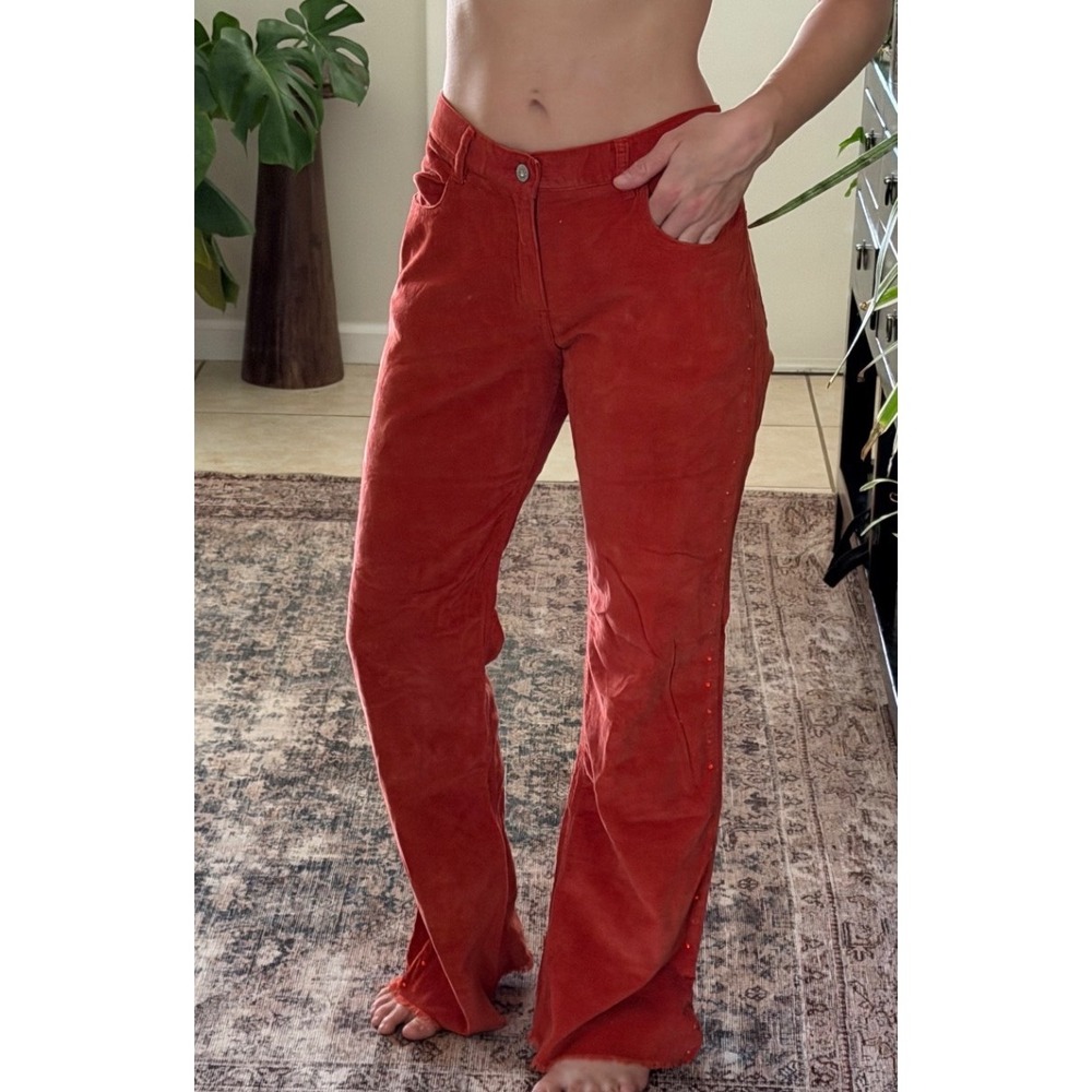 Roxy Quiksilver Vintage Corduroy Pants Orange Flare Leg Studded Raw Hem Size 9